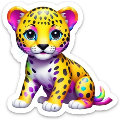 A rainbow colored jaguar cub in a colorful forest inspired by Lisa Frank artwork from the 1990s sticker