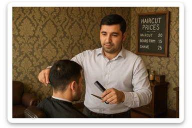 Draw me a picture of a barbershop that looks like this guy working in a barbershop. The barbershop doesn't have to be very modern. It should be on a medium floor. Also draw a blackboard on the wall. It should have the prices for haircuts there. sticker