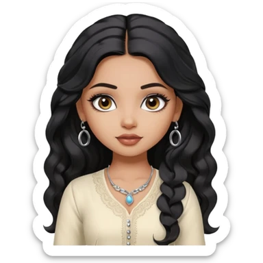 a pretty bratz dusky girl with long wavy black hair, kajal under eyes, small silver hoop. ivory coloured kurti sticker