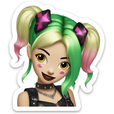 Sparkling goth punk Harley Quinn with blonde green and pink hair sticker