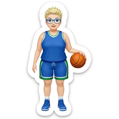Full Body plus size white female with short spike hair wearing blue glasses basketball player wearing blue green uniform smiling sticker