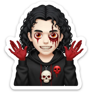 Vampire wearing a black hoodie with a skull logo on it, long curly hair that covers the forehead, fanged teeth and blood on hands sticker