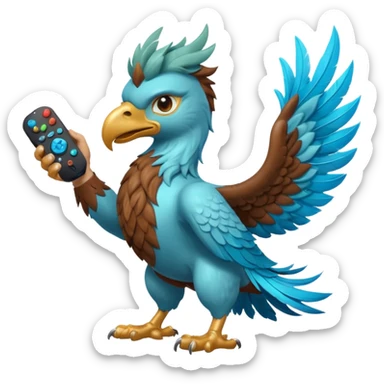 Solid color aqua blue mythical Griffin holding a gaming remote and brown leather American football sticker