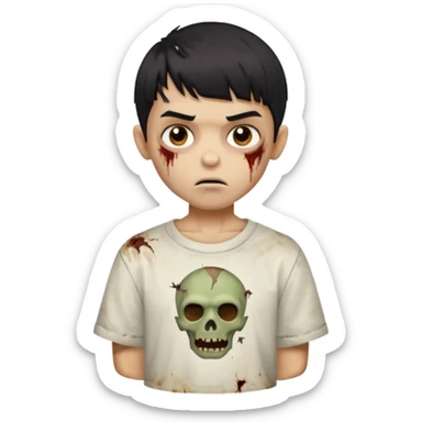 garoto zombie de cabelo liso preto com volume no formato de tigela, olhos marrom escuros, camisa branca, pele morena mas mais branca do que morena sticker