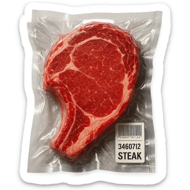 steak with sparkling highlights, glossy and inflated, vacuum-sealed style sticker