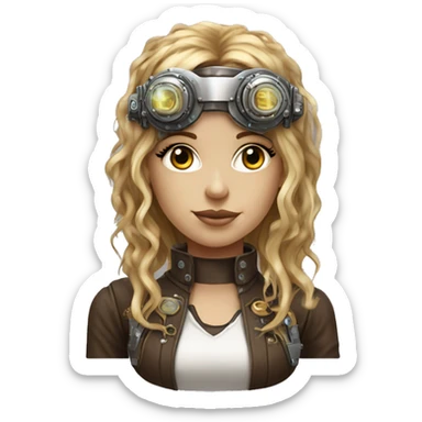 Brown long hair with blonde steaks female cyborg head, fair skin, steampunk goggles and circuits sticker