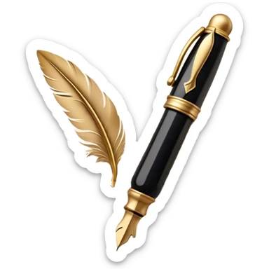 Create a delicate, artistic emoji representing poetry. The design should include a black fountain pen or quill with ink flowing gently onto a piece of parchment or scroll. Add soft, flowing lines to represent the fluidity of verse and creativity. Include elements like a small ink bottle or a feather in the background, and subtle accents of gold or silver to evoke elegance and inspiration. The overall design should feel light, romantic, and whimsical. Make the background transparent. sticker