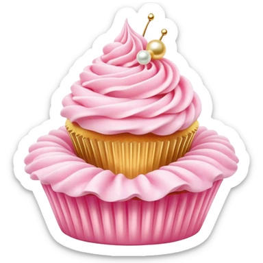 Cinematic Realistic Pink Cupcakes, fluffy pastel pink frosting swirled elegantly on top of golden cupcakes, tiny edible pearls adding a delicate touch, soft warm lighting creating a dreamy atmosphere, glowing with sweetness and charm. sticker