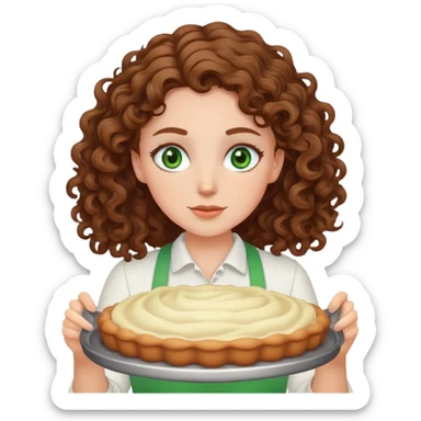 white girl with curly brown hair and green eyes is baking sticker