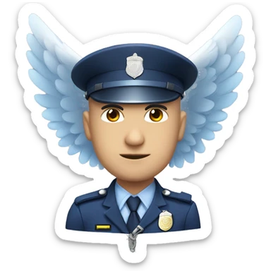 A WHITE Police man bald with blue uniform with Big ANGEL WINGS sticker