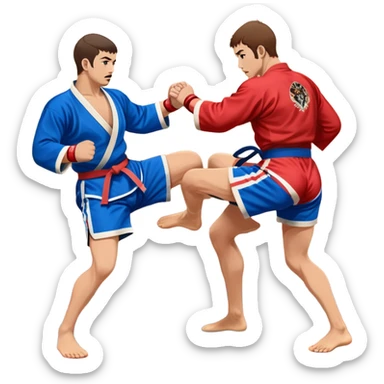 Two Sambo fighters in blue and red kimonos, with shorts and wrestling shoes, performing grappling and throwing techniques. The background shows a wrestling mat and an intense, focused atmosphere. Transparent background highlights the fluidity and skill of the sport without strikes. sticker