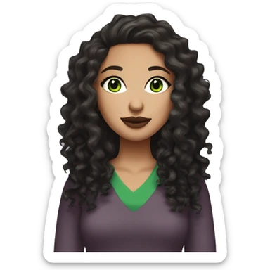 Create an emoji-style character of a white girl with green eyes, long black curly or wavy hair, wearing earrings. She has a green v-neck top, wears mascara, and is styled with mauve lipstick sticker