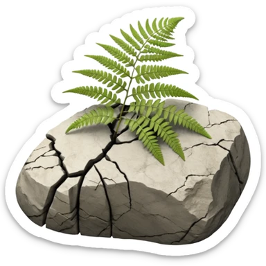 3D render of Fern Imprint, embedded in a chunk of rough sedimentary rock, cracked stone texture, ancient fossil aesthetic, black carbon imprint on a white limestone rock, matte dry finish, Apple emoji style, isolated on white background --v 6.0 sticker