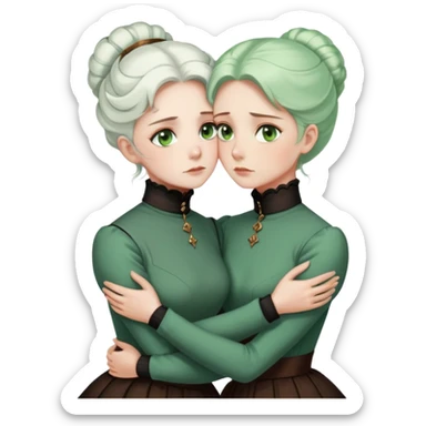 Two Victorian women with light green eyes in a sad, intimate embrace. One has bright white coiffed hair, the other has dark copper coiffed hair. Both wearing Victorian turtleneck dresses, hugging tightly sticker