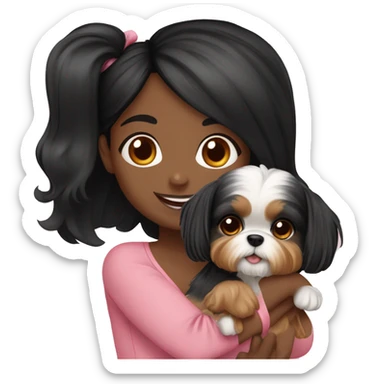 Black hair girl holding a Yorkie Shih Tzu puppy￼ sticker