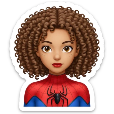 Lightskin girl with curly hair, eyebrow piercing in left side, wearing a spider man costume sticker
