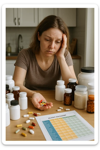 a woman in her 30s sits at her kitchen table, surrounded by dozens of supplement bottles, powders, and pills. She looks anxious and fatigued, with her head resting in one hand while the other holds a handful of colorful capsules. On the table, a nutrition chart is ignored, and her skin appears slightly dull or stressed. The mood is cautionary and educational. sticker