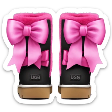 Pair of black and hot pink Ugg fur boots laced up with pink silk ribbon bows. sticker