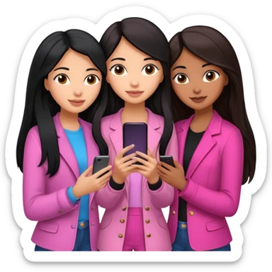 3 brown girl friends with a phone on their hand, one with black long hair light skin,  one with brown hair long and the other one with black with brown medium length hair . Wearing pink glammed up and hugging  sticker