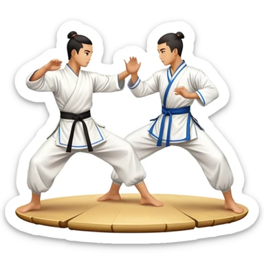 Two martial artists in traditional Wushu attire, performing elegant, fluid moves. The background shows a peaceful, scenic landscape with mountains and bamboo trees, symbolizing the balance of power and grace in Wushu.  sticker