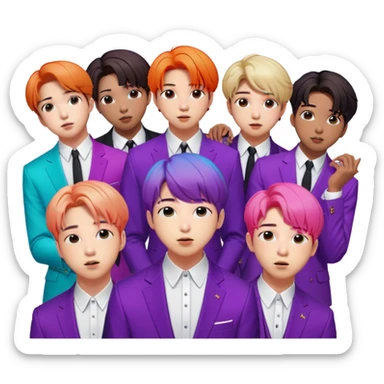 Cinematic Realistic group portrait of BTS featuring all 7 members in stylish modern attire, with detailed facial expressions and vibrant colors, captured in dynamic, contemporary lighting that emphasizes their global pop icon status sticker