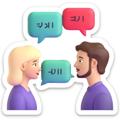 two people facing each other, speech bubbles with different scripts, e.g., Latin and Arabic sticker