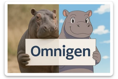two hippo holding sign of omnigen, half picture 1 hippo is realistic another half is the anime of that same second hippo sticker