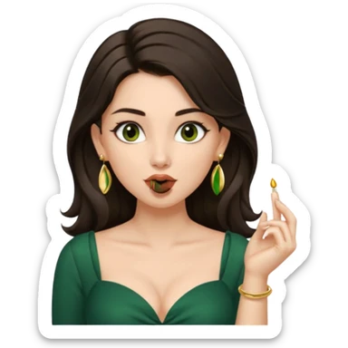 pretty bratz genmoji that looks like tamannah bhatia (bollywood actress), wearing a dark green sweetheart neckline top, dark brown hair, light makeup, no necklace, dangly earrings, SIDE hair part, fair. dark brown eyes, long hair

Show her licking her finger  sticker