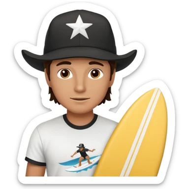 Male brunette movie producer black baseball hat that says surfing cowboys with white tshirt sticker