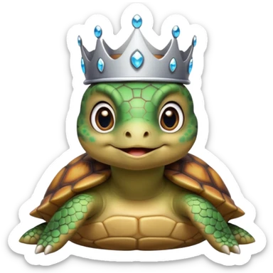 a cute domestic turtle with big eyes and with a silver tiara sticker