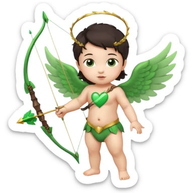 cupid asian baby flying full body with wings with brown eyes and dark hair handled bow and arrow directed to green heart and looking to heart sticker