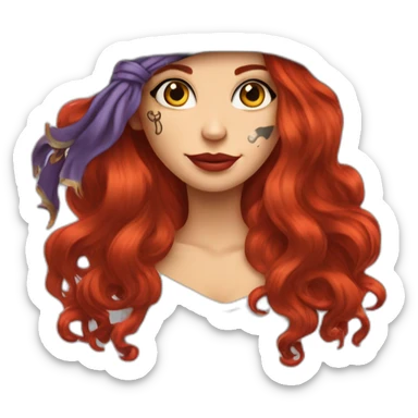 Woman long red hair. Hair hanging to one side only and hairstlye is a single platt, tattoo on side of head.  pirate hat. skull and crossbones t shirt sticker