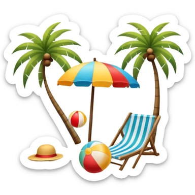 frameless Icon for Beach Tourism: a serene beach scene with palm trees, a sun hat, a beach ball, and the ocean in the background. The icon should capture the relaxing atmosphere of a beach vacation. Transparent background. sticker
