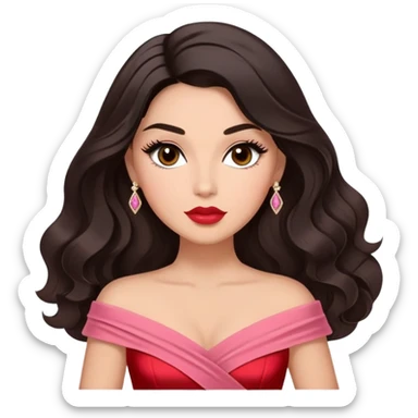 A woman with lighter almond-toned skin, voluminous dark hair in waves, expressive eyes with soft lashes and shimmer, full lips with a glossy nude-pink color, wearing a red dress and a white crossbody sash with “Miss San Juan” in black letters, exuding elegance and confidence. sticker