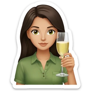 White girl with long dark brown hair and brown eyes and a green shirt with glass of champagne  sticker