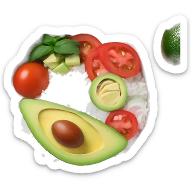 a big bowl with white rice, tomatoes, green sliced paprika, sliced avocado and pink joghurt sticker