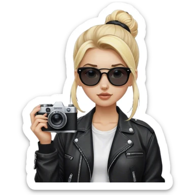 Blonde white girl with film camera wearing blackout sunglasses where you can’t see her eyes with a high bun. She’s wearing a white t shirt and a black baggy leather jacket. Givevh sticker