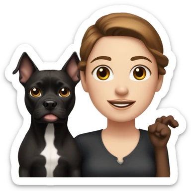 white woman with long brown hair and cat shaped eyes standing alongside a happy black pitbull  sticker