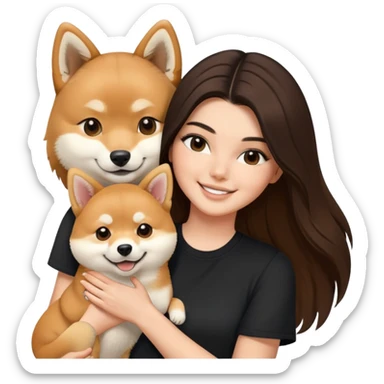 brunette Kendall Jenner with long hair holding on the hands a smile Shiba Inu wear on black shirt sticker