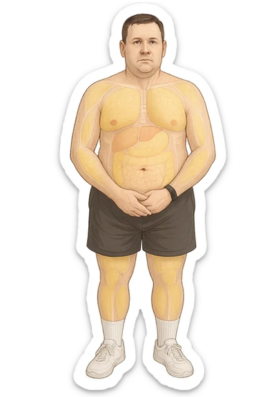 a middle-aged man stands in a clinical setting, with semi-transparent overlays highlighting areas of excess body fat accumulation—such as the abdomen, chest, and thighs. The fat tissue is shown in yellow, contrasting with underlying muscles and organs. The man’s expression is neutral, and the background is clean and modern, emphasizing the educational aspect. senza scritte sticker