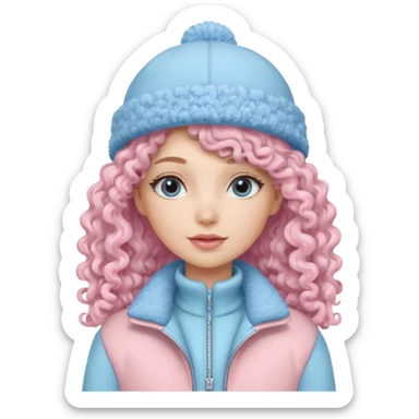 Curly long hair lady with pastel pink jacket and pastel blue winter hat sticker
