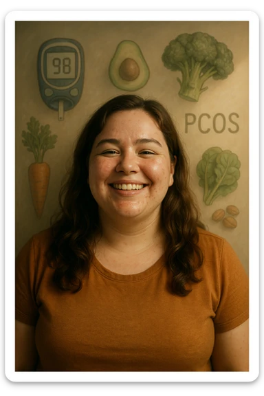 realistic cinematic portrait of a happy healthy woman with PCOS, balanced diet maintaining stable blood sugar, satisfied expression, symbols of blood sugar balance, bright atmosphere, vertical 2:3 aspect ratio, very few text sticker