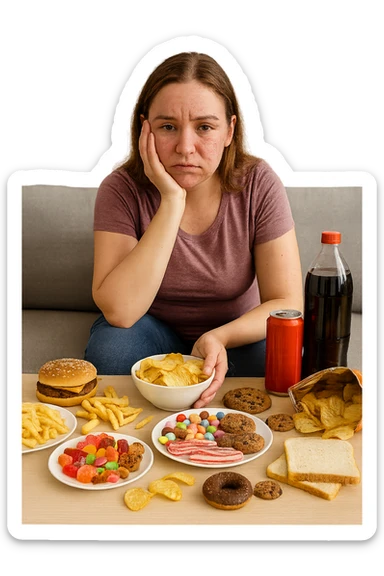 Donna tra i 25 e i 35 anni seduta sul divano o a un tavolo disordinato, circondata da cibi sparsi e poco sani: patatine, dolci, pane bianco, snack confezionati, bibite. con infiammazione e squilibri ormonali sticker