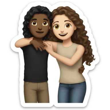 Make a white girl with black long and straight hair hugging a tan boy with brown curly hair sticker