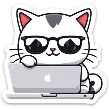 cartoon cat with glasses coding on a laptop sticker