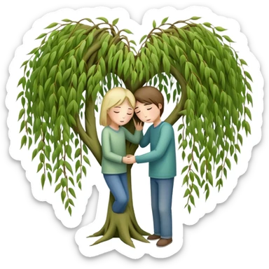 heart-shaped weeping willow tree with two people inside giving each other a comforting, caring, supportive hug, not romantic, with a small heart above them sticker