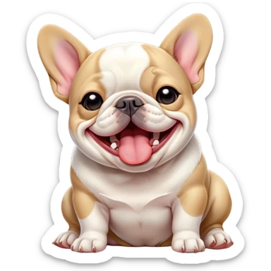 Cinematic Cute Yawning Pied French Bulldog Portrait Emoji, Head tilted with an exaggerated, endearing yawn and sleepy, squinty eyes, showcasing a unique pied fur of contrasting colors with a playful expression, simplified yet irresistibly adorable, highly detailed, glowing with a soft, cozy radiance, high shine, exuding a relaxed, humorous charm, styled with a gentle, soft glowing outline, capturing the essence of a Pied French Bulldog in a blissfully cute yawn that warms the heart! sticker