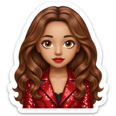 Jade Thirlwall from Little Mix with long brown hair, red sequin outfit sticker