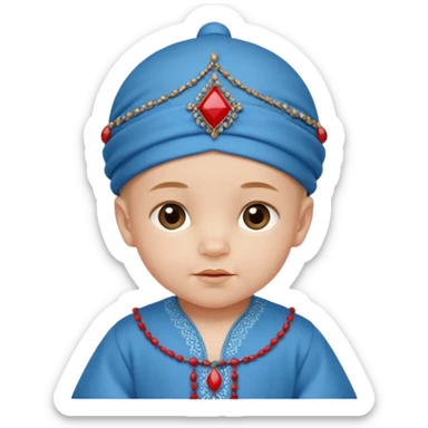  baby boy dressed in a blue ghalibiya with delicate decorations with a red Moracain hat  sticker