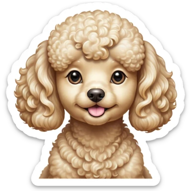 Cinematic Cute Cream Poodle Portrait Emoji, Head tilted playfully and inquisitively, showcasing a bouncy, curly cream Fur with a luminous sheen, round, sparkling warm eyes filled with curiosity, Simplified yet irresistibly adorable features, highly detailed, glowing with a warm, friendly glow, high shine, affectionate and lively, stylized with a touch of whimsy, bright and endearing, soft glowing outline, capturing the essence of a mischievous yet loving companion, so playful it feels like it could bounce out of the screen and into your arms! sticker